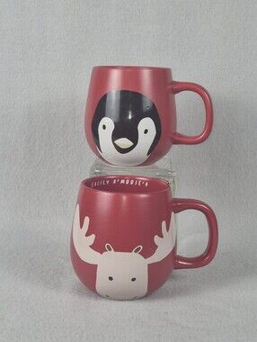 Indigo Moose & Penguin Ceramic Mug Set – Holiday Coffee Tea Mugs | Cute Animals